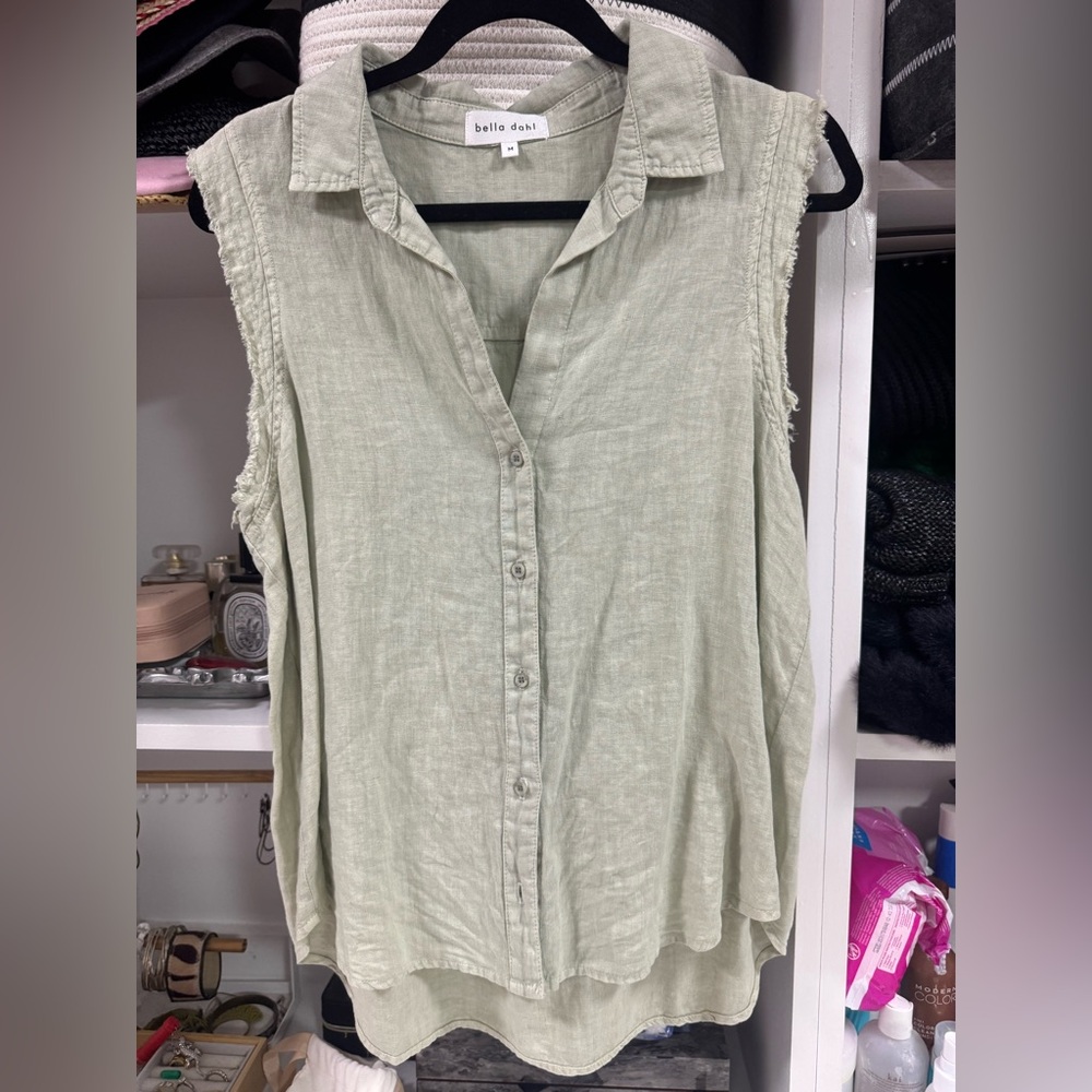 Bella Dahl Sleeveless Button Down Top Sage Green Linen Size M - Picture 3 of 3